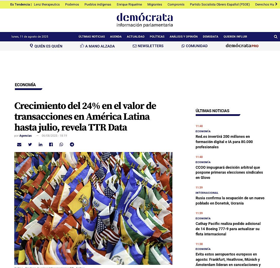 Crecimiento del 24% en el valor de transacciones en Amrica Latina hasta julio, revela TTR Data